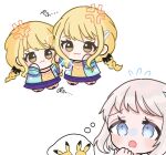  3girls :3 :o :t anger_vein blonde_hair blue_eyes blue_skirt braid catfight chibi chibigurumi clone commentary_request dual_persona flying_sweatdrops fujita_kotone gakuen_idolmaster grey_hair highres idolmaster imagining jacket katsuragi_lilja looking_at_another multicolored_jacket multiple_girls pikachu plaid_clothes plaid_skirt pokemon pokemon:_the_first_movie_-_mewtwo_strikes_back pokemon_(anime) pokemon_(classic_anime) rurugreen shirt skirt speech_bubble thought_bubble twin_braids wavy_eyes yellow_eyes yellow_shirt 