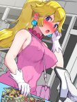  1girl 1other :o alternate_costume bag barcode_scanner bare_arms bare_shoulders between_breasts blonde_hair blue_eyes blush boris_(noborhys) bowser breasts bright_pupils commentary_request convenience_store covered_navel covered_nipples cowboy_shot double-parted_bangs dress dutch_angle ear_blush earrings embarrassed energy_drink full-face_blush gloves hair_between_eyes halter_shirt halterneck hand_in_own_hair handbag highres impossible_clothes impossible_dress impossible_sweater indoors jewelry large_breasts large_variant_set looking_at_viewer looking_down mario_(series) no_bra open_mouth paid_reward_available pink_bag pink_dress ponytail pov pov_hands princess_peach ribbed_sweater shop shoulder_blush sideboob sideways_glance sleeveless small_sweatdrop solo_focus sphere_earrings strap_between_breasts surprised sweater sweater_dress tight_clothes twirling_hair variant_set white_gloves white_pupils 