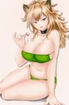  1girl animal_ears arknights arm_support bangs bare_arms bare_shoulders beige_background bikini black_choker blonde_hair breasts brown_eyes candy caro_(gakr7278) choker cleavage commentary food green_bikini hand_up highres holding holding_food large_breasts lion_ears lollipop long_hair looking_at_viewer navel parted_lips siege_(arknights) simple_background sitting solo stomach strapless strapless_bikini swimsuit thighs yokozuwari 
