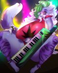  anthro big_breasts blush breasts canid canine canis clothed clothing ezukapizumu female five_nights_at_freddy&#039;s five_nights_at_freddy&#039;s:_security_breach green_hair hair hi_res huge_breasts keyboard_instrument keytar mammal musical_instrument nipple_outline roxanne_wolf_(fnaf) scottgames solo thick_thighs video_games wolf 