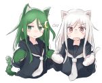  2girls animal_ears animal_hands bangs black_sailor_collar cat_ears cat_tail closed_mouth crescent crescent_hair_ornament cropped_torso eyebrows_visible_through_hair fang gloves green_eyes green_hair hair_ornament highres kantai_collection kikuzuki_(kancolle) long_hair long_sleeves ma_rukan multiple_girls nagatsuki_(kancolle) neckerchief open_mouth paw_gloves red_eyes sailor_collar school_uniform serafuku simple_background skin_fang sweat tail white_background white_hair white_neckerchief 