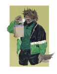  1boy animal_ears bag blue_jacket border catoblepas_(housamo) closed_eyes furry furry_male gao_(gao_53937056) glasses green_jacket green_shirt highres holding holding_bag holding_up horns jacket long_hair male_focus multicolored_clothes multicolored_jacket muscular muscular_male open_mouth outside_border ponytail shirt shopping_bag smile solo tail tokyo_afterschool_summoners two-tone_jacket upper_body white_border yellow_background 