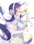  1girl anniversary artist_name blue_hair blurry blush breasts bun_cover center_frills closed_eyes commentary_request copyright_name dated depth_of_field double_bun dress eyelashes facing_ahead facing_up floating_hair flower flower_to_mouth frilled_dress frills from_side gerbera gomi_chihiro hair_bun hair_ornament hair_stick hairband heaven_burns_red highres holding holding_flower large_breasts long_hair low_twintails profile puffy_short_sleeves puffy_sleeves red_eyes ribbon satsuki_mari short_sleeves sidelocks simple_background smelling smelling_flower smile solo twintails very_long_hair white_background white_dress white_hairband yellow_flower 