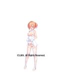  1girl bare_shoulders breasts breasts_out clothes_lift commentary_request copyright_notice covered_navel dress dress_lift eyes_visible_through_hair full_body furrowed_brow garter_straps gloves hair_bun hair_over_one_eye highres jewelry kuuchuu_yousai lifting_own_clothes looking_at_viewer miyako_hayashizaki nipples official_alternate_costume official_art open_mouth orange_hair panties red_eyes ring second-party_source see-through_clothes see-through_midriff simple_background small_breasts solo standing taimanin_(series) taimanin_rpgx thighhighs tongue torn_clothes torn_thighhighs underwear wedding_dress wedding_ring white_background white_gloves white_panties white_thighhighs 
