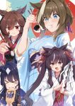  >_< 4girls :d absurdres animal_ears blue_eyes blue_hair blue_kimono blush brown_hair cheval_grand_(umamusume) chopsticks closed_mouth commentary_request eating fang floral_print floral_print_kimono food gentildonna_(umamusume) gohei hair_between_eyes hair_ribbon hakama hanetsuki highres holding holding_chopsticks holding_gohei holding_paddle holding_paintbrush horse_ears horse_girl japanese_clothes kimono long_hair long_sleeves miko mochi multiple_girls new_year obi open_mouth paddle paintbrush pandoa_(mikage0495) print_kimono red_eyes red_hakama red_kimono red_ribbon ribbon sash siblings sisters skin_fang smile tears twintails umamusume verxina_(umamusume) vivlos_(umamusume) wide_sleeves 