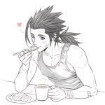  1boy bandaged_wrist bandages bandaid bandaid_on_arm bare_shoulders black_hair blue_eyes blush collarbone commentary cross_scar crylin6 cup earrings eating final_fantasy final_fantasy_vii food greyscale heart holding holding_cup holding_spoon jewelry long_hair looking_at_viewer low_ponytail male_focus monochrome plate ponytail scar scar_on_cheek scar_on_face simple_background solo spiked_hair spoon stud_earrings tank_top upper_body white_background zack_fair 