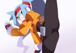 1girl ashe_(mega_man) black_bodysuit blue_hair bodysuit commentary_request cowboy_shot green_eyes headband high_kick high_ponytail jacket kaidou_zx kicking long_hair mega_man_(series) mega_man_zx mega_man_zx_advent orange_jacket ponytail red_headband revision simple_background solo standing standing_on_one_leg white_background 