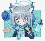  1girl animal_ear_fluff animal_ears balaclava blue_archive blue_background blue_jacket blue_scarf blush_stickers bottle bright_pupils chibi closed_mouth fringe_trim gloves green_eyes green_gloves grey_background grey_hair hair_ornament halo hand_up jacket koru_koruno long_hair long_sleeves mismatched_pupils open_clothes open_jacket scarf shiroko_(blue_archive) shirt signature solo twitter_username upper_body water_bottle white_pupils white_shirt 