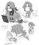  2boys aedd_(e.g.o) chibi chibi_inset clipboard coat collared_shirt commentary_request e.g.o_(project_moon) gloves greyscale hair_intakes hohenheim_(project_moon) holding holding_clipboard id_card johann_(project_moon) limbus_company long_sleeves mirror monochrome multiple_boys nail_(hardware) necktie open_mouth project_moon shirt smile tsuru_no_rere 