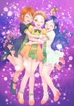  3girls black_dress blonde_hair blue_eyes blue_hair bow bowtie braid braided_ponytail brown_hair commentary_request dress floating fur_collar fur_cuffs futari_wa_precure futari_wa_precure_max_heart girl_sandwich green_bow green_bowtie green_eyes grin hexagon highres interlocked_fingers jj_(ssspulse) kujou_hikari legs_up light_particles long_hair matching_outfits misumi_nagisa multiple_girls one_eye_closed precure puffy_short_sleeves puffy_sleeves purple_background sandwiched short_dress short_hair short_sleeves side-by-side single_braid smile swept_bangs white_dress yellow_dress yukishiro_honoka 