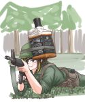  1girl aiming alcohol ammunition_pouch assault_rifle black_hair brown_eyes brown_hair canteen combat_helmet commentary_request eyepatch girls'_frontline gun gun_sling helmet highres holding jack_daniel's lying m16 m16a1 m16a1_(girls'_frontline) military_combat_uniform military_uniform mole mole_under_eye multicolored_hair on_stomach pouch rifle scar scar_across_eye scar_on_face smile solo streaked_hair tsuchinoko_snake vietnam_war weapon whiskey 