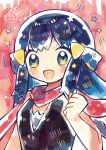  1girl abstract_background anidler91 black_shirt black_vest blue_eyes blue_hair commentary_request dawn_(pokemon) hand_up happy highres long_hair open_mouth patterned_background pokemon pokemon_dppt red_scarf scarf shirt sleeveless smile solo star_(symbol) upper_body vest 