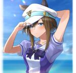  1girl adjusting_clothes adjusting_headwear animal_ears arms_up bangs blue_eyes blurry blurry_background bow bowtie breasts brown_hair character_request closed_mouth cloud hat_belt horizon horse_ears kuro_imu lens_flare long_hair medium_breasts puffy_short_sleeves puffy_sleeves purple_bow purple_bowtie purple_shirt sailor_collar shirt short_sleeves solo umamusume upper_body 
