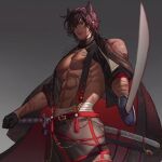  1boy abs animal_ears bandages cape cat_boy commission ear_piercing earrings gloves highres jewelry jouvru katana looking_at_viewer male_focus muscular muscular_male necklace nipples original pants pectorals piercing red_eyes red_hair scabbard scar scar_on_arm scar_on_face scar_on_stomach sheath solo sword topless topless_male weapon 