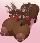 2025 3_heads antlers barbell_piercing big_breasts breasts brown_body brown_fur busty_feral deer digital_media_(artwork) female feral fur hi_res hooves horn huge_breasts lebustyferals lips mammal multi_head new_world_deer nipple_barbell nipple_piercing nipples piercing pink_background reindeer simple_background smile solo tail thick_lips