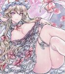  1girl absurdres alternate_costume ass blonde_hair breasts bug butterfly choker cleavage colored_pencil colored_pencil_(medium) commentary_request commission crossed_legs dated dress frilled_choker frills gap_(touhou) hair_ribbon hand_in_own_hair hand_on_own_knee hat highres large_breasts light_smile long_hair looking_at_viewer mob_cap monety no_panties pencil purple_eyes red_eyes ribbon signature single_thighhigh sitting solo thighhighs touhou traditional_media white_dress white_thighhighs wrist_cuffs yakumo_yukari 