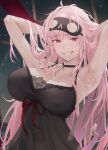  1girl :d armpits arms_behind_head black_choker black_nightgown breasts choker cleavage commentary empire_waist grin highres hololive hololive_english indoors kirachamo large_breasts long_hair looking_at_viewer mask mask_on_head messy_hair mori_calliope mori_calliope_(sleepwear) nightgown official_alternate_costume official_alternate_hairstyle pendant_choker pink_eyes pink_hair sidelocks sleep_mask sleepwear smile solo symbol-only_commentary upper_body virtual_youtuber 