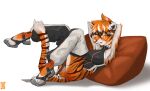  2022 amber_eyes anthro arknights black_body black_nose breasts butt clothed clothing eyewear felid female footwear fur glasses hair hi_res hypergryph looking_at_viewer mammal multicolored_body multicolored_fur multicolored_hair orange_body orange_fur orange_hair pantherine reclining relaxing solo studio_montagne tabam tiger tongue tongue_out video_games waaifu_(arknights) white_body white_fur white_hair 