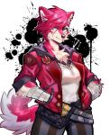  alternate_species anthro bandage blue_eyes bottomwear canid canine canis chest_tuft clothing ear_piercing facial_piercing female furrification hair hand_in_pocket hi_res jacket kamikami kemono league_of_legends looking_at_viewer mammal nose_piercing pants piercing pink_body pink_hair pockets riot_games solo topwear tuft vi_(lol) video_games wolf 