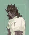  1boy animal_ears catoblepas_(housamo) dark-skinned_male dark_skin furry furry_male gao_(gao_53937056) glasses green_background green_eyes highres horns long_hair looking_at_viewer male_focus messy_hair muscular muscular_male shirt solo tokyo_afterschool_summoners white_shirt 