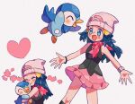  1girl :d beanie black_shirt black_socks blue_eyes blue_hair blush closed_eyes commentary_request creature dawn_(pokemon) grey_background hair_ornament hairclip hat heart holding holding_creature hug imminent_hug kneehighs long_hair looking_at_creature mgomurainu multiple_views open_mouth outstretched_arms piplup poke_ball_print pokemon pokemon_(anime) pokemon_dppt_(anime) poketch red_scarf scarf shirt simple_background sleeveless sleeveless_shirt smile socks watch white_hat wristband wristwatch 