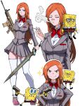  1boy 1girl absurdres asymmetrical_dual_wielding bags_under_eyes bandaid bandaid_on_face bandaid_on_nose bleach blue_eyes bow bowtie brown_eyes buck_teeth cigarette commentary crossover dual_wielding english_commentary finger_on_trigger fortnite frown grey_jacket grey_skirt gun handgun highres holding holding_cigarette holding_weapon inoue_orihime jacket kekel lapels long_hair long_sleeves looking_at_viewer notched_lapels parted_lips pink_shoes pleated_skirt red_bow red_bowtie rifle school_uniform shirt shoes simple_background skindentation skirt smile smoke smoking smug sneakers spongebob_squarepants spongebob_squarepants_(series) sword teeth thighhighs weapon weapon_request white_background white_shirt white_thighhighs 