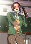  1boy blazer blush brown_hair brown_pants chalkboard classroom collared_shirt contemporary desk diploma diploma_tube earrings falling_petals full-face_blush green_jacket green_necktie hanafuda_earrings hashimoto_(yanagi-momo) holding holding_diploma implied_yaoi indoors jacket jewelry kamado_tanjirou kimetsu_no_yaiba long_sleeves looking_at_viewer male_focus necktie open_mouth pants petals plaid_clothes plaid_pants red_eyes red_hair scar scar_on_face scar_on_forehead school school_desk school_uniform shirt short_hair solo standing sweater_vest white_shirt yellow_sweater_vest 