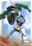  blue_sky commentary_request dutch_angle energy_sword gundam highres holding holding_weapon impaled mecha mecha_focus mobile_suit mobile_suit_gundam no_humans robot rx-78-2_gundam science_fiction sky sword taiga_hiroyuki weapon yellow_eyes zaku_ii 