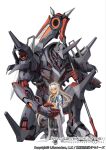  1boy 1girl backpack bag blonde_hair boots brown_eyes commentary_request curren_(housamo) dai-xt hairband holding holding_weapon labcoat long_hair looking_at_viewer mecha official_art oversized_clothes randoseru robot school_bag scythe tank_top thighhighs tokyo_afterschool_summoners weapon white_background 