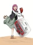  1girl alcohol_carton baseball_mitt black_jacket black_nails blunt_bangs blush bocchi_the_rock! bow braid closed_eyes commentary commentary_request dress drink_carton fangs full_body geta green_dress hair_bow hair_over_shoulder hiroi_kikuri jacket jacket_over_dress multicolored_jacket nose_blush pink_hair pitching single_braid smile throwing torako_(toramaru) twitter_username two-tone_jacket watermark white_background 