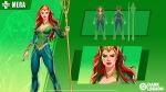  bodysuit boots bracer breasts cleavage commentary dc:_dark_legion english_commentary green_bodysuit green_eyes hair_pulled_back headpiece high_heel_boots high_heels highres mera_(dc) multicolored_bodysuit multiple_views polearm red_hair red_lips reference_sheet scales skin_tight trident wavy_hair weapon 
