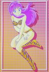  1girl alternate_hair_color animal_print bare_arms bare_shoulders bikini blue_eyes breasts cleavage closed_mouth commentary_request cone_horns drop_shadow full_body highres horns kneehighs long_hair looking_at_viewer lum medium_breasts mizutani_kenta pink_hair pointy_ears print_bikini print_socks sidelocks smile socks solo strapless strapless_bikini swimsuit thighs tiger_print urusei_yatsura 