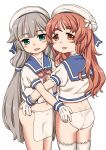  2girls aqua_eyes bangs blue_sailor_collar blush flower fundoshi gloves grey_hair hair_flaps harukaze_unipo hat highres japanese_clothes kantai_collection long_hair looking_at_viewer low_twintails mikura_(kancolle) multiple_girls orange_eyes orange_hair panties parted_lips sailor_collar short_sleeves simple_background thick_eyebrows thighhighs twintails underwear very_long_hair white_background white_gloves white_headwear white_legwear white_panties yashiro_(kancolle) 