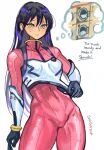  1girl black_hair bodysuit commentary_request english_text gundam gundam_gquuuuuux highres long_hair mecha_pilot_suit nyaan_(gundam_gquuuuuux) okrdisk2000 red_bodysuit solo speech_bubble thought_bubble very_long_hair washing_machine yellow_eyes 