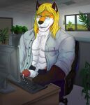 blonde_hair bodily_fluids canid canine chair clothed clothing computer computer_keyboard cum cum_drip desk digital_media_(artwork) dripping electronics fox fur furniture genital_fluids genitals hair hi_res inside looking_at_viewer lupelongo male mammal muscular muscular_male office office_chair open_clothing open_shirt open_topwear partially_clothed penis plant plant_pot shirt smile solo table topwear window working
