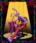 aliasing anthro barefoot beastgoddk brown_hair chair clothing clown colored digital_media_(artwork) duo feet female fool's_hat furniture glitch_productions gloves hair handwear hat headgear headwear humanoid jax_(tadc) jester lagomorph leporid male mammal overalls pained_expression paws pointing_gun pomni_(tadc) purple_body rabbit red_string spotlight stare suicidal_ideation the_amazing_digital_circus white_body white_skin