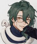  1boy baizhu_(genshin_impact) bangs black_gloves blush cropped_shoulders genshin_impact glasses gloves green_hair grey_background hair_between_eyes highres long_hair looking_at_viewer male_focus nokkusuart orange_eyes parted_lips portrait simple_background snake twitter_username white_snake 