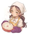 apron bandana brown_eyes brown_hair brown_shirt collared_shirt commentary_request cooking_pot cropped_torso dark-skinned_female dark_skin floral_print hair_bun holding holding_cooking_pot kantai_collection multicolored_hair oven_mitts porridge shirt simple_background smile streaked_hair terrajin thonburi_(kancolle) thonburi_(nanakusagayu)_(kancolle) upper_body wavy_hair white_background white_bandana yellow_apron 