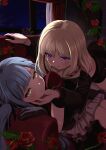  2girls absurdres bang_dream! bang_dream!_it's_mygo!!!!! black_dress black_gloves blonde_hair blue_hair blush commentary_request doloris_(bang_dream!) dress flower gloves hand_on_another's_cheek hand_on_another's_face highres long_hair long_sleeves medium_hair misumi_uika multiple_girls nanafuku oblivionis_(bang_dream!) open_mouth purple_eyes red_flower red_rose rose togawa_sakiko yellow_eyes yuri 