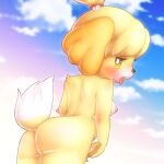 animal_crossing anthro areola bedroom_eyes blush breasts bunnag canid canine canis cloud domestic_dog female fur hi_res isabelle_(animal_crossing) looking_back low-angle_view mammal narrowed_eyes nintendo nipples nude seductive shih_tzu side_boob sky sky_background solo tongue tongue_out toy_dog video_games white_body white_fur yellow_body yellow_eyes yellow_fur 