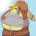  2022 anthro aqui armor balue bodily_fluids bottomwear brown_body canid canine canis clothing domestic_dog facial_hair hard_hat headgear helmet kemono klonoa_(series) male mammal musk mustache outside overweight overweight_male paqaaqap shirt shorts solo sun sweat topwear video_games 