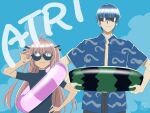  1boy 1girl adjusting_eyewear ahoge alternate_costume atri atri-my_dear_moments- black_ribbon black_shirt blue_background blue_hair blue_shirt brown_hair closed_mouth collared_shirt commentary_request copyright_name facing_viewer frown hair_between_eyes hair_intakes hair_ribbon hand_on_own_hip hawaiian_shirt height_difference highres ikaruga_natsuki inomata_masami long_hair open_clothes open_shirt ribbon shirt short_hair side-by-side sidelocks signature simple_background sunglasses swim_ring two_side_up upper_body v-shaped_eyebrows very_long_hair 