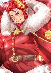  1boy bara blush cape christmas claude_(housamo) facial_hair fur-trimmed_cape fur_trim goatee green_eyes highres kizami_nori_to_yamaimo laurel_crown long_sideburns looking_at_viewer male_focus mature_male muscular muscular_male official_alternate_costume one_eye_closed red_hair santa_costume short_hair sideburns smile solo thick_eyebrows tokyo_afterschool_summoners white_background 