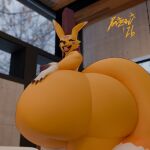  1:1 2026 anthro bandai_namco big_butt blender_(artwork) butt digimon digimon_(species) digital_media_(artwork) domizoni female female_focus fur hand_on_butt looking_at_viewer looking_back smile smiling_at_viewer solo taomon tongue tongue_out yellow_body yellow_fur 