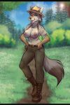  2022 amber_eyes amber_sclera anthro areola black_nose boots breasts brown_body brown_fur canid canine canis clothed clothing coyote dated detailed detailed_background digital_drawing_(artwork) digital_media_(artwork) exhibitionism exposed_breasts eyelashes female footwear fur grass grass_field grey_body grey_fur hair hat headgear headwear hi_res looking_at_viewer mammal manzanita nipples open_clothing open_mouth open_shirt open_topwear outside park_ranger pink_areola pink_nipples plant purrchinyan shirt sky solo tongue tongue_out topless topwear tree uniform usnps 