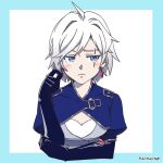  1girl ahoge alternate_hair_length alternate_hairstyle aqua_border blue_eyes blue_gloves blush border closed_mouth commentary cropped_torso earrings elbow_gloves english_commentary eyelashes gloves jewelry meimeimo_rwby rwby scar scar_across_eye scar_on_face short_hair signature simple_background solo weiss_schnee white_background white_hair 