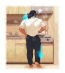  1boy bara black_hair blue_fire commentary_request cooking dark-skinned_male dark_skin fire from_behind kitchen long_hair male_focus muscular muscular_male ponytail sandayu_(housamo) solo spiked_hair tied_hair tokyo_afterschool_summoners tsuna_(so_da77) 
