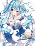  1girl 1other animal aqua_hair bare_shoulders beamed_eighth_notes clothes_lift commentary_request dress dress_lift eighth_note flat_chest frilled_dress frills hair_ornament hatsune_miku highres lifting_own_clothes long_hair long_sleeves looking_at_viewer moyu3939 musical_note musical_note_hair_ornament official_alternate_costume official_alternate_hairstyle open_mouth puffy_long_sleeves puffy_sleeves rabbit rabbit_yukine smile snowflakes strapless strapless_dress twintails very_long_hair vocaloid white_rabbit_(animal) yuki_miku yuki_miku_(2019) 
