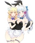  2girls alternate_costume animal_ears apron bangs black_leotard blonde_hair blue_bow blue_bowtie blunt_bangs blush bow bowtie breasts cleavage clipboard closed_mouth detached_collar eyebrows_visible_through_hair flower garters genshin_impact hair_between_eyes hair_bow hair_flower hair_ornament hair_ribbon highres holding holding_clipboard kamisato_ayaka leg_garter leotard long_hair looking_at_viewer lumine_(genshin_impact) maid_headdress medium_breasts multiple_girls parted_lips pink_ribbon playboy_bunny ponytail rabbit_ears rabbit_tail ribbon sbs short_hair_with_long_locks silver_hair simple_background tail tress_ribbon waist_apron white_apron white_background white_flower wrist_cuffs yellow_eyes 