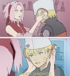  1boy 1girl artist_request blonde_hair blue_eyes bread bucket food green_eyes haruno_sakura hell&#039;s_kitchen highres idiot_sandwich_(meme) meme naruto_(series) pink_hair uzumaki_naruto 